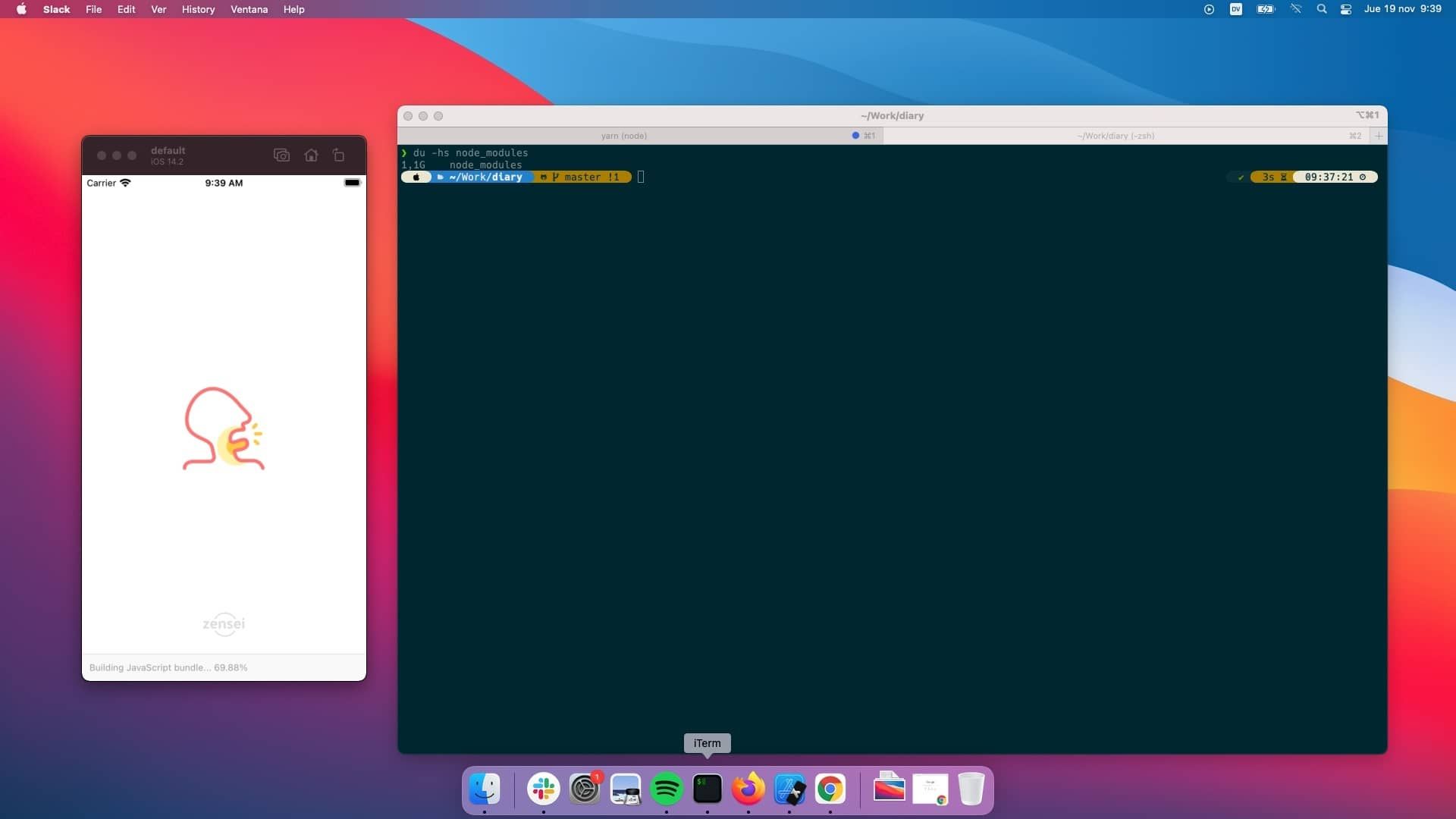 Clean macOS Big Sur desktop environment with development tools and terminal applications, demonstrating a fully configured development setup from a fresh installation